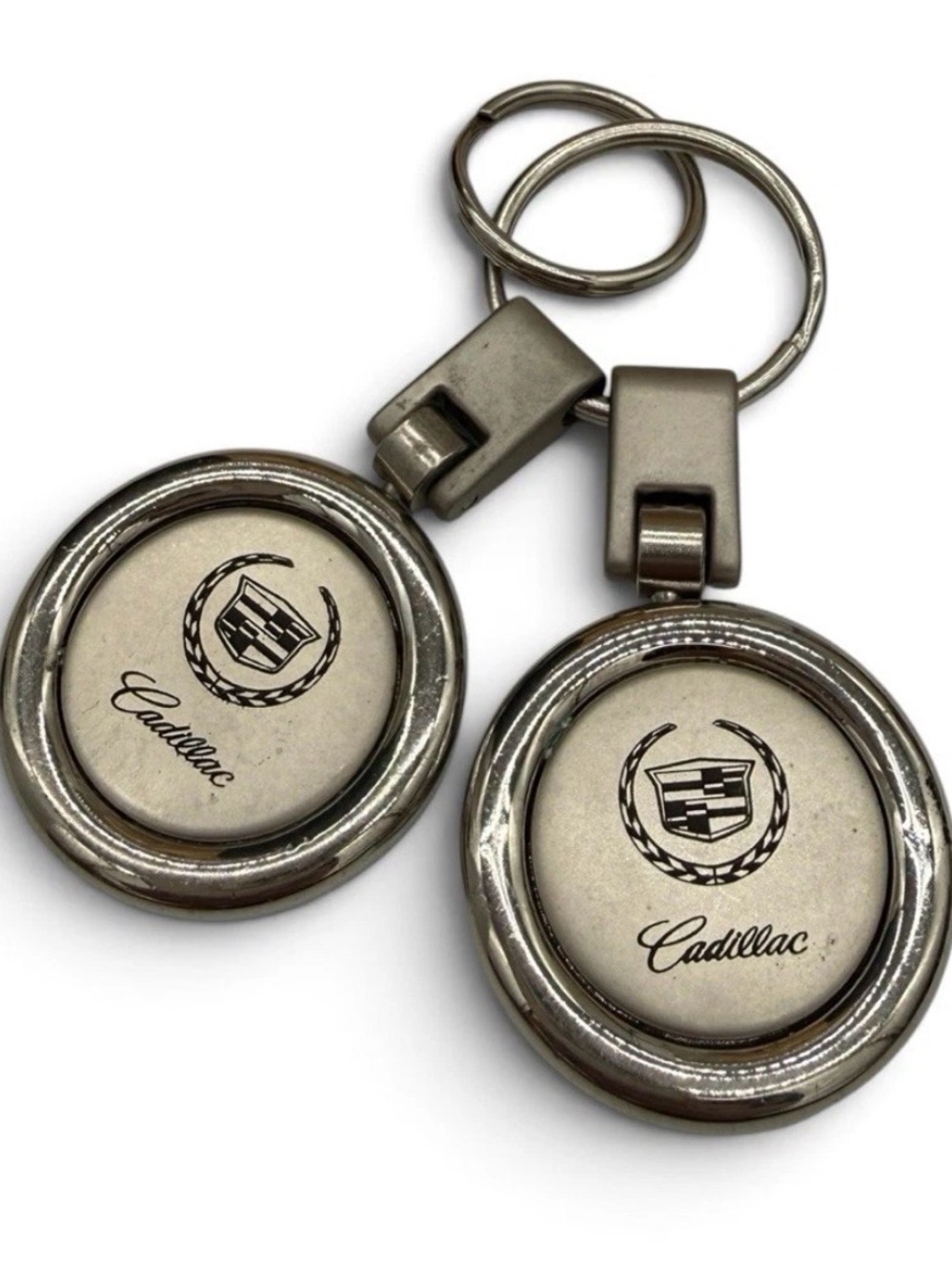 Vintage Cadillac Keychains-Set Of 2 Silver Tone- Dealership Key Rings